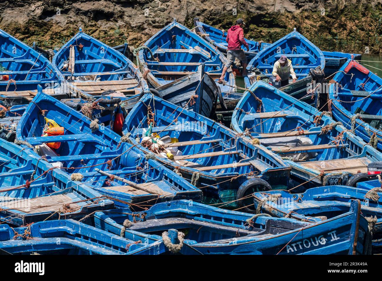 Barche da pesca marocchine classiche, porto di pesca, Essaouira, marocco, africa. Foto Stock