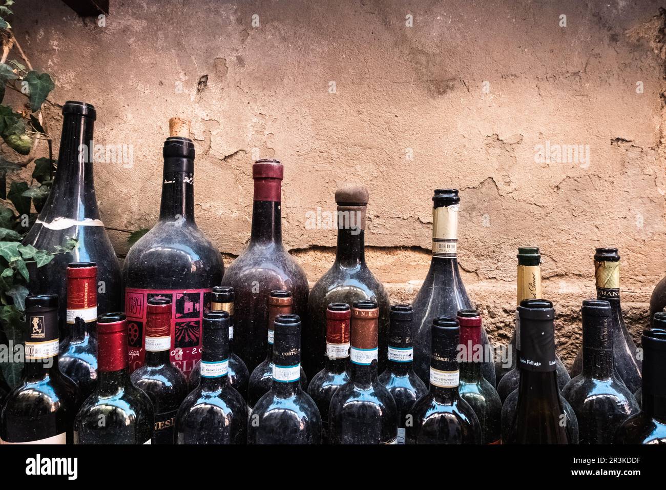 Vecchie bottiglie di vino rosso aperte spolverate dal tempo Foto Stock