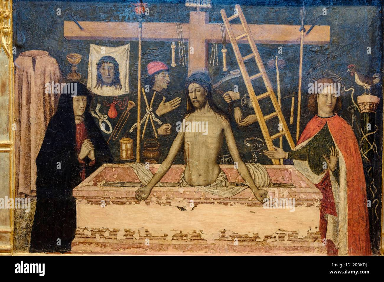 Cristo con los strumentos de la Pasión, fragmento de la predela pintada por Rafel Mòger, retablo de Sant Jordi , Museo diocesano de Mallorca, Palma, Mallorca, Isole baleari, Spagna. Foto Stock