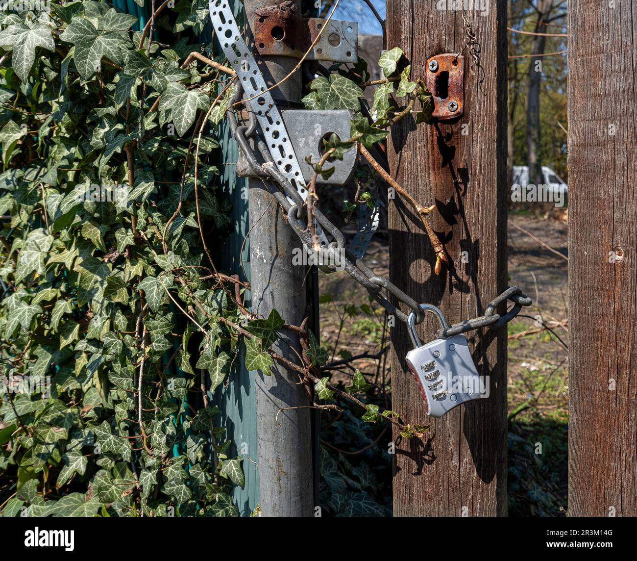 Catena in acciaio con serratura a combinazione su Wooden Fence, Berlino, Germania Foto Stock