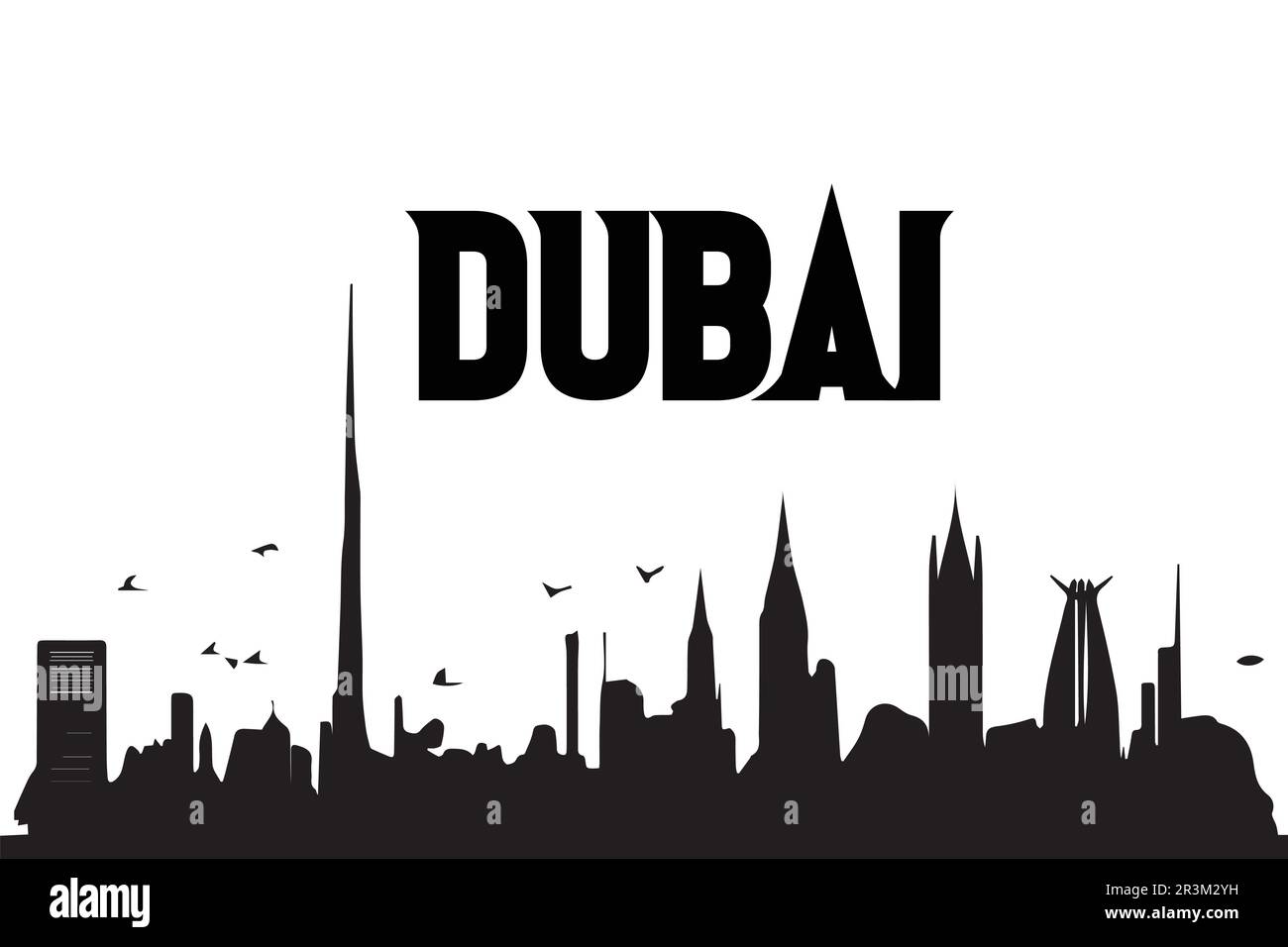 Silhouette nera di una città di Dubai su sfondo bianco. Illustrazione Vettoriale