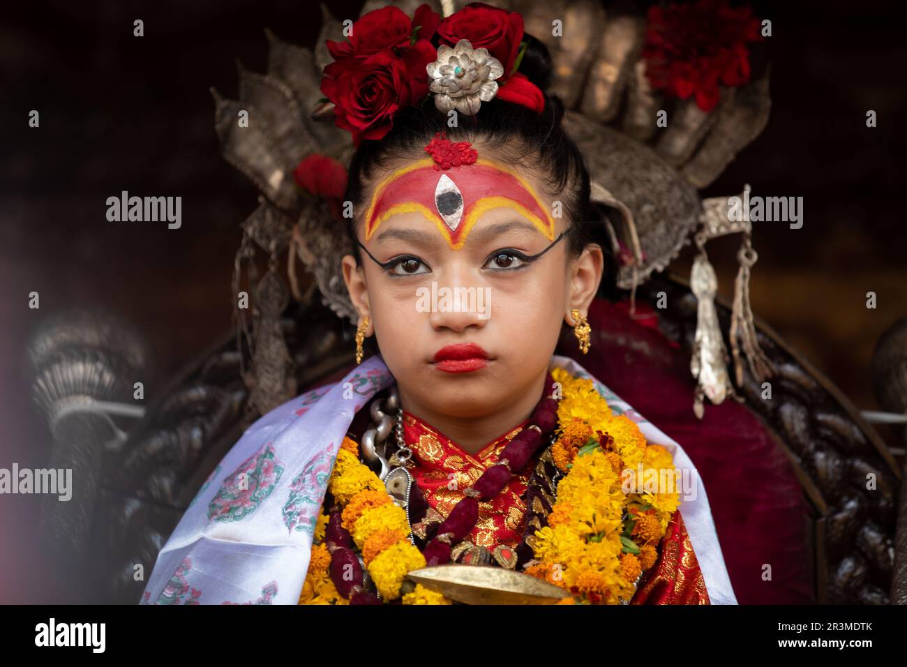 Dea vivente di Kumari del Nepal. Foto Stock