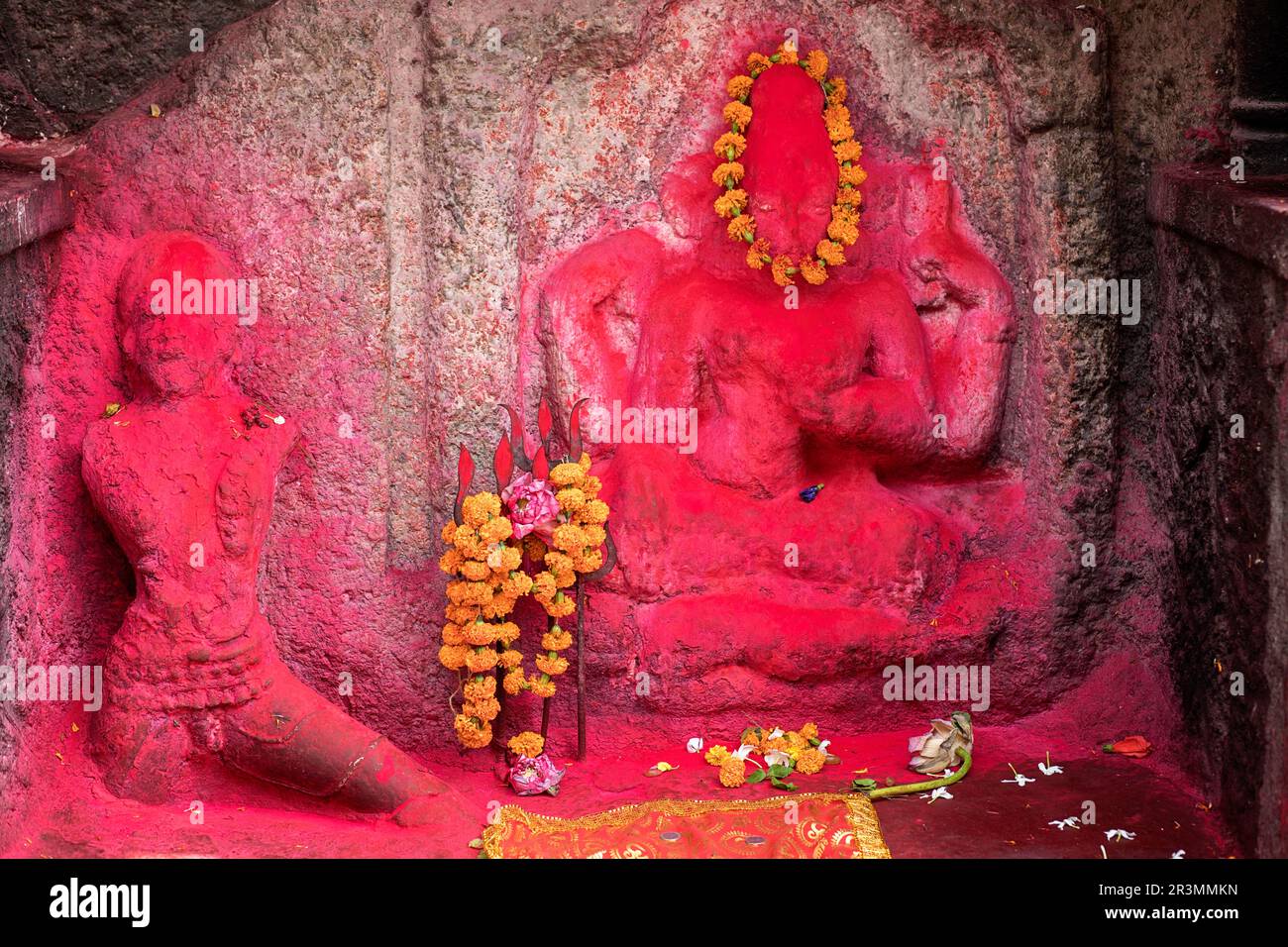 Particolare, acidenti incisioni di pietra con fiori, del Tempio di Kamakhya, un tempio di Sakta dedicato alla dea madre Kamakhya, Guwahati, Assam, India Foto Stock