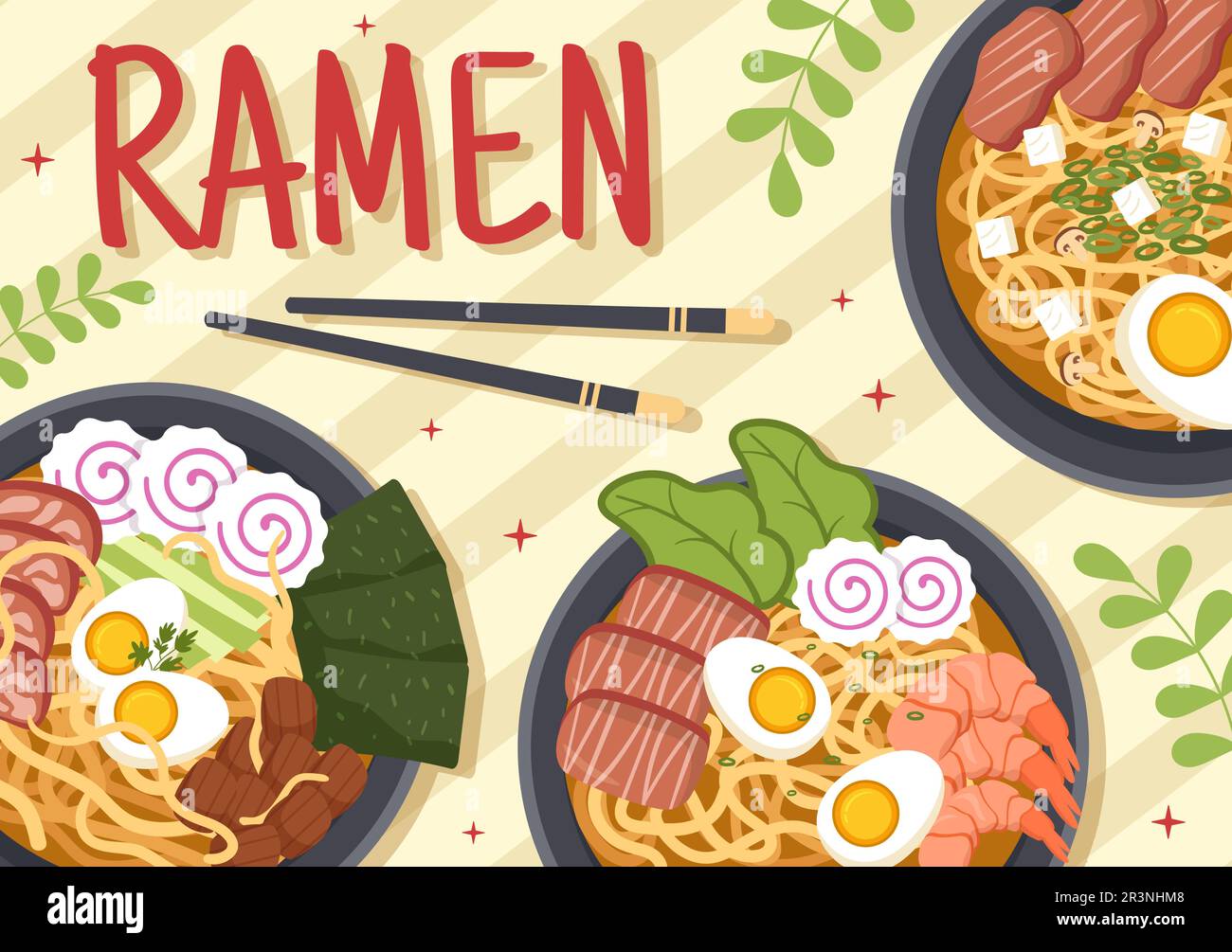 Ramen Vector Illustration of Japanese Food with Noodle, Chopsticks, Miso Soup, Egg lessed and Grilled Nori in Flat Cartoon Hand Drawed Templates Illustrazione Vettoriale