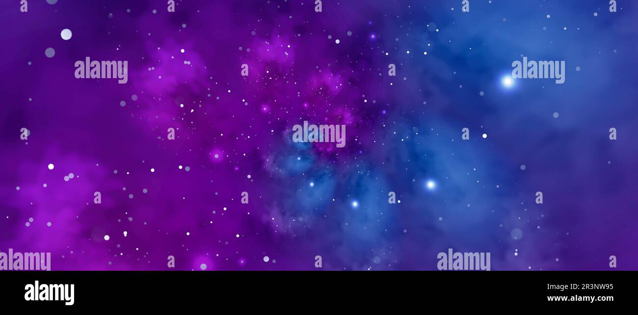 Fondo dello spazio esterno profondo con stelle e nebulosa in blu e viola Foto Stock
