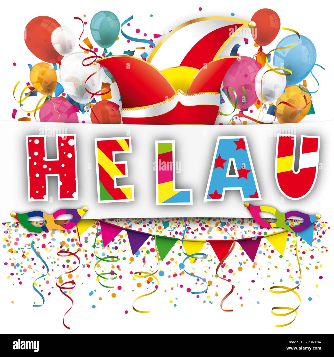 White Paper Banner Confetti Balloons Helau Foto Stock