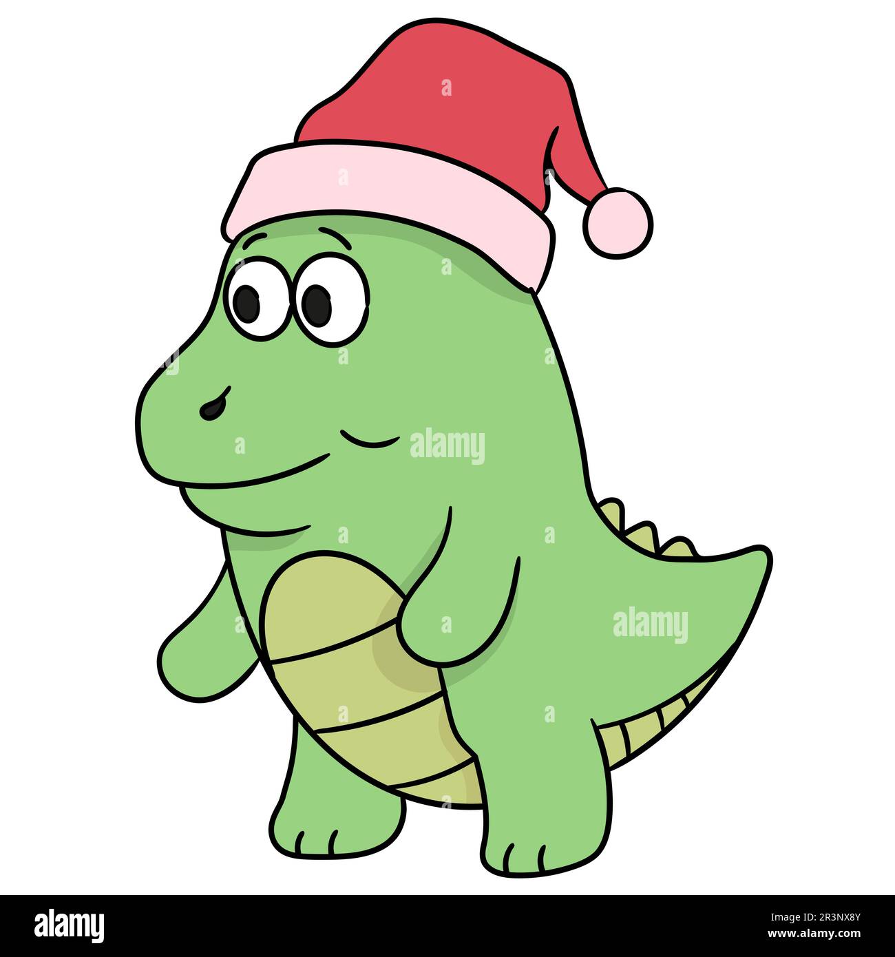 Dinosauro a piedi con cappello di natale. immagine dell'icona di doodle Foto Stock