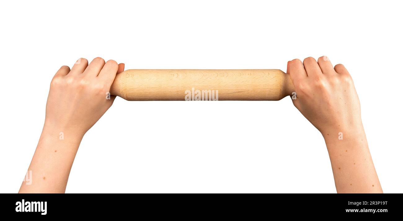Mani che tengono e arrotolano l'impasto astratto con rullo da cucina, legno per impastare, isolato su fondo bianco. Foto Stock