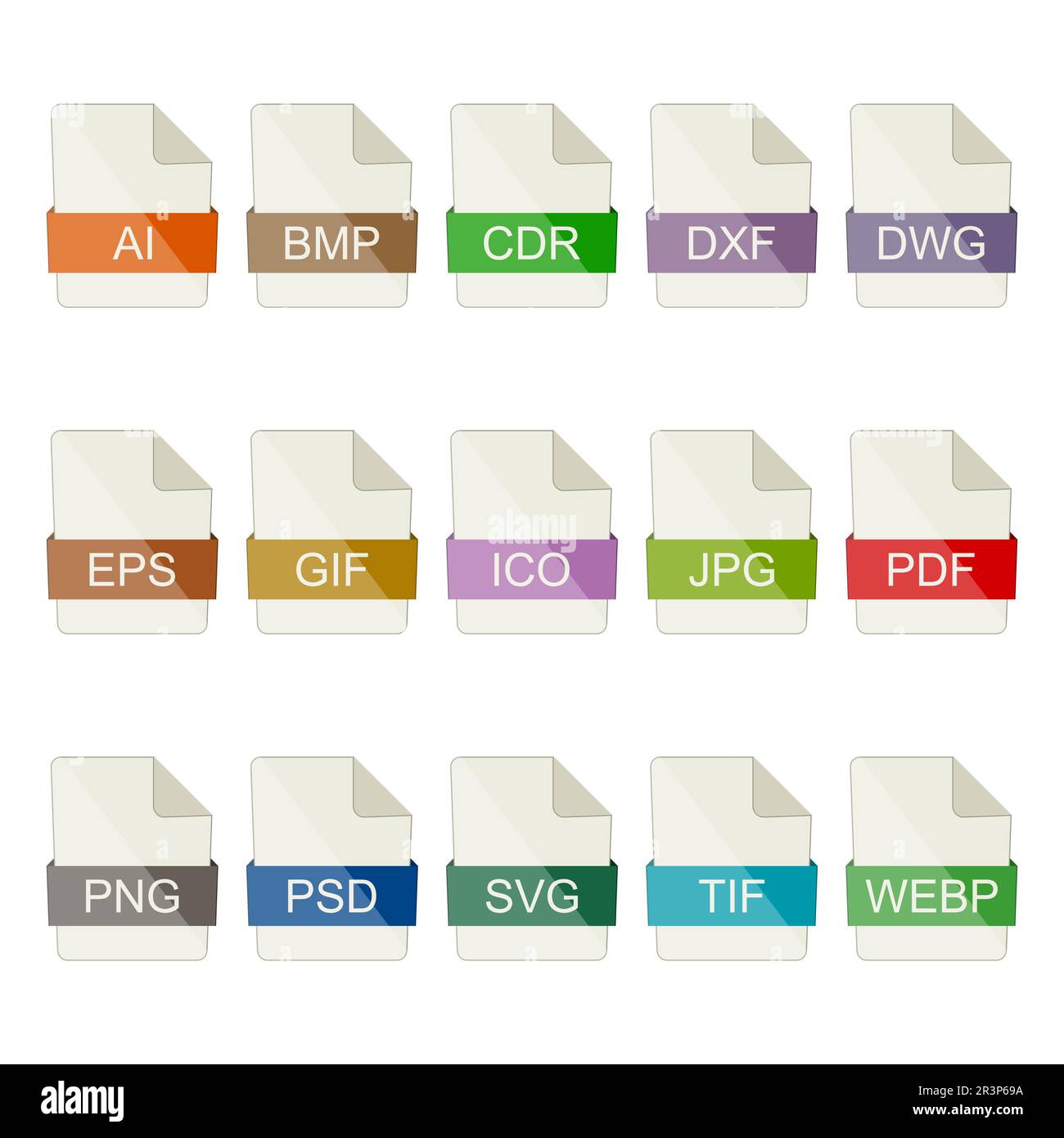 Icone dei tipi di file. Icone di editor grafici e immagini su sfondo bianco. Illustrazione Vettoriale