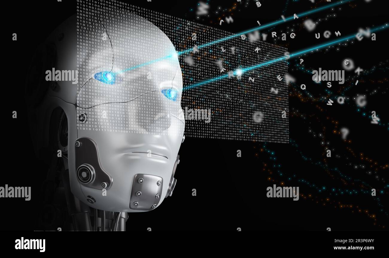 Una testa di cyborg ai guarda attraverso una serie di codici binari e impara le lingue umane. Apprendimento profondo e automatico della tecnologia dell'intelligenza artificiale. Foto Stock