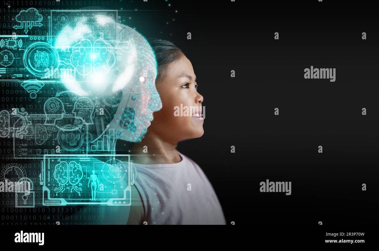 Intelligenza artificiale, concetto di intelligenza artificiale. Apprendimento profondo, apprendimento automatico e coesistenza di esseri umani e ai. Foto Stock