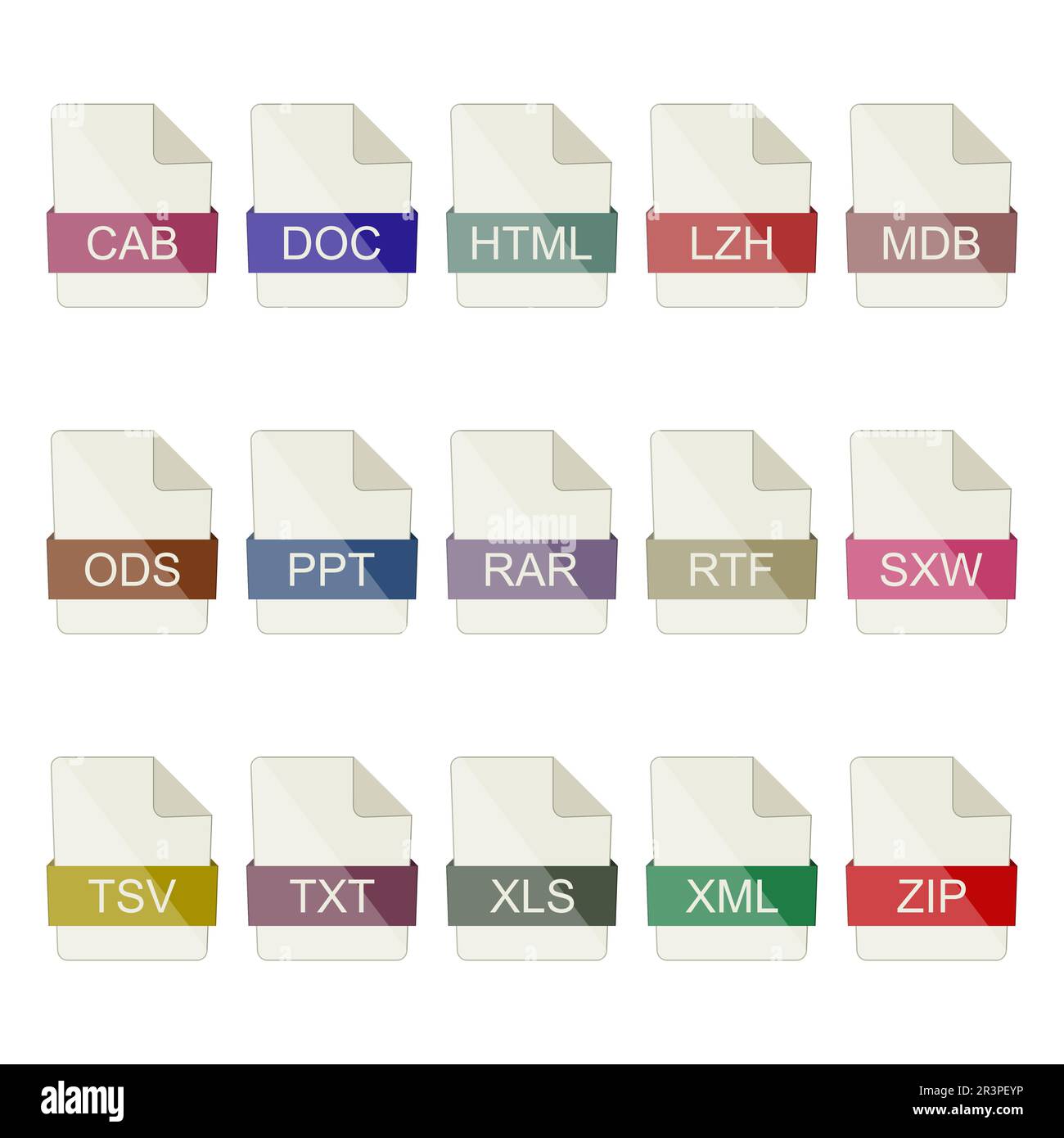 Icone dei tipi di file. Icone di documenti e archivi su sfondo bianco. Illustrazione Vettoriale