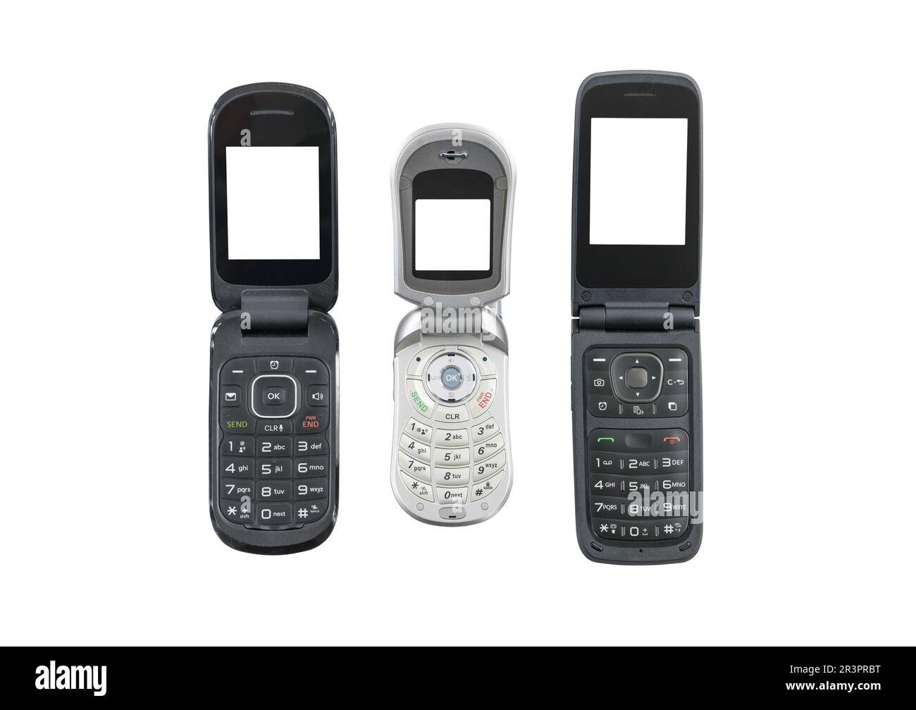 Tre vecchi telefoni cellulari a scatto isolati con schermi tagliati. Foto Stock