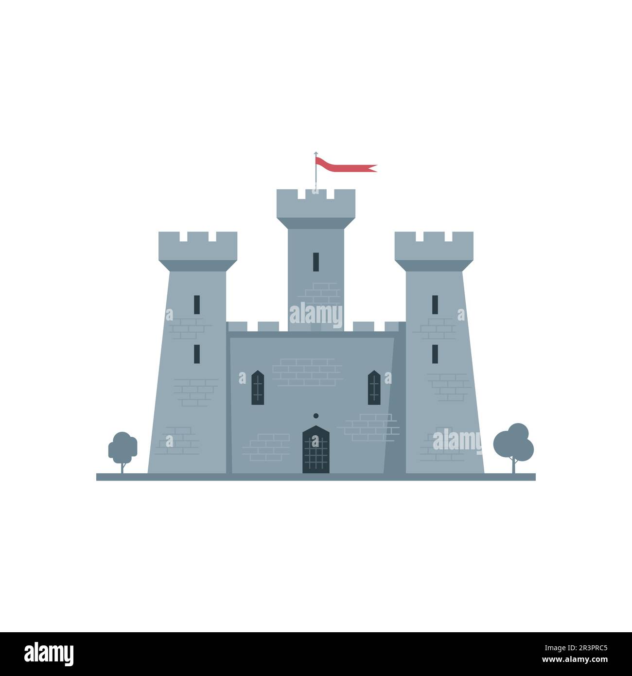 Il castello medievale è isolato su uno sfondo bianco. Vista frontale del castello. Illustrazione vettoriale piatta di una fortezza Illustrazione Vettoriale