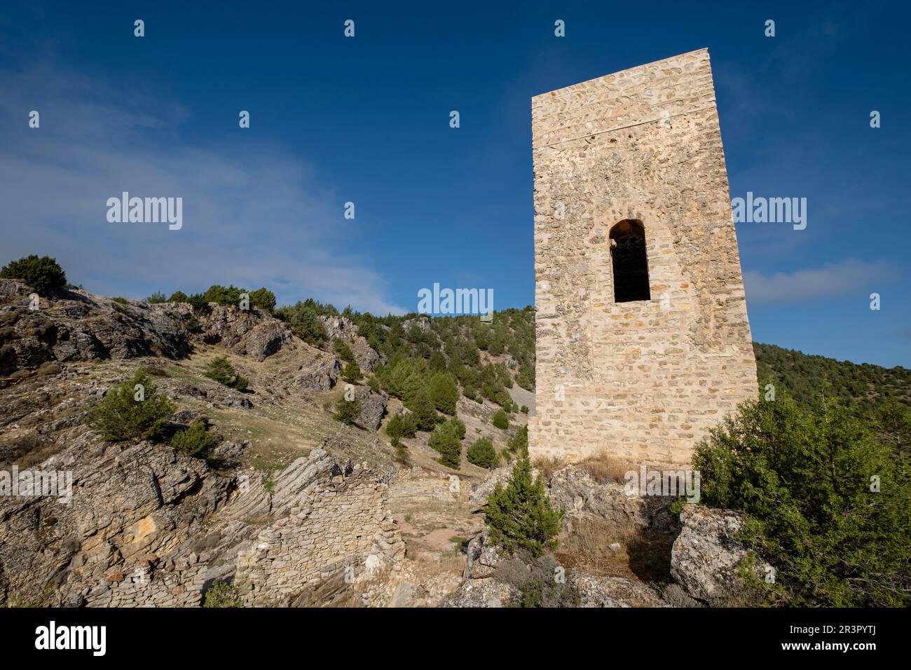 Torreón de origen islámico, Chaorna, Soria, Comunidad Autónoma de Castilla y León, Spagna, Europa. Foto Stock