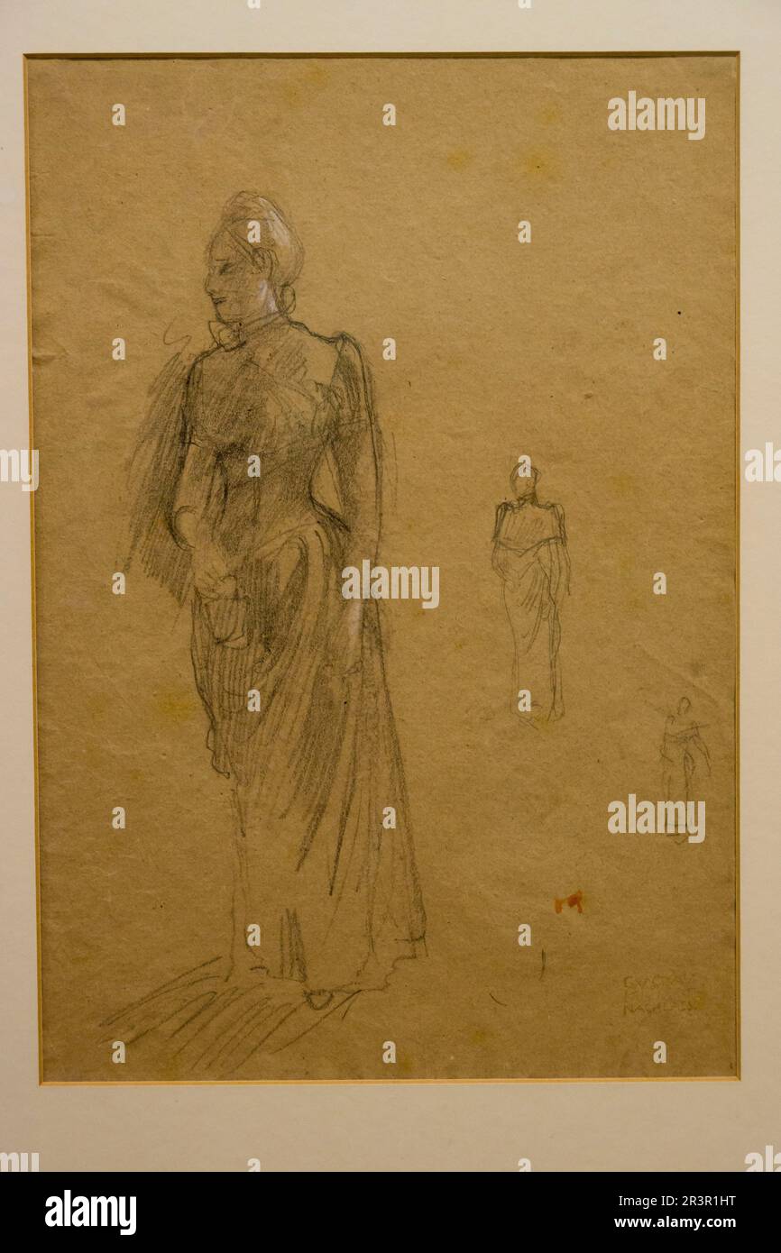 Boceto, Stehende dame im langen kleid nach Links, Gustav Klimt, lapiz y tinta sobre papel, museomodernista de Can Prunera, Soller, Sierra de Tramuntana, Mallorca, Isole baleari, spagna, europa. Foto Stock