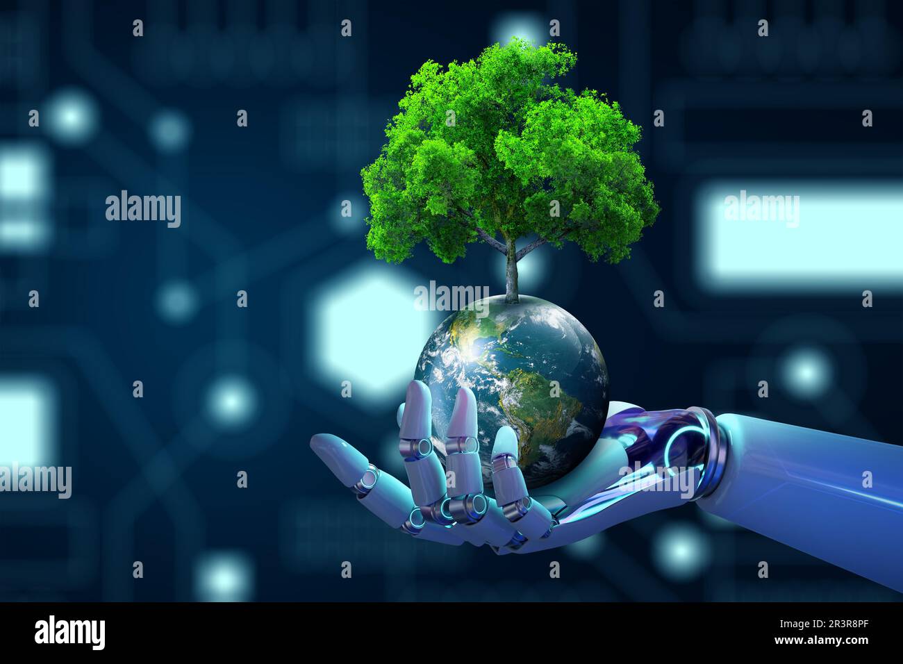 Robot Hand Holding Tree on Earth con convergenza tecnologica sfondo blu.Green computing, csr, etica IT, natura tecnologia interazione. Foto Stock