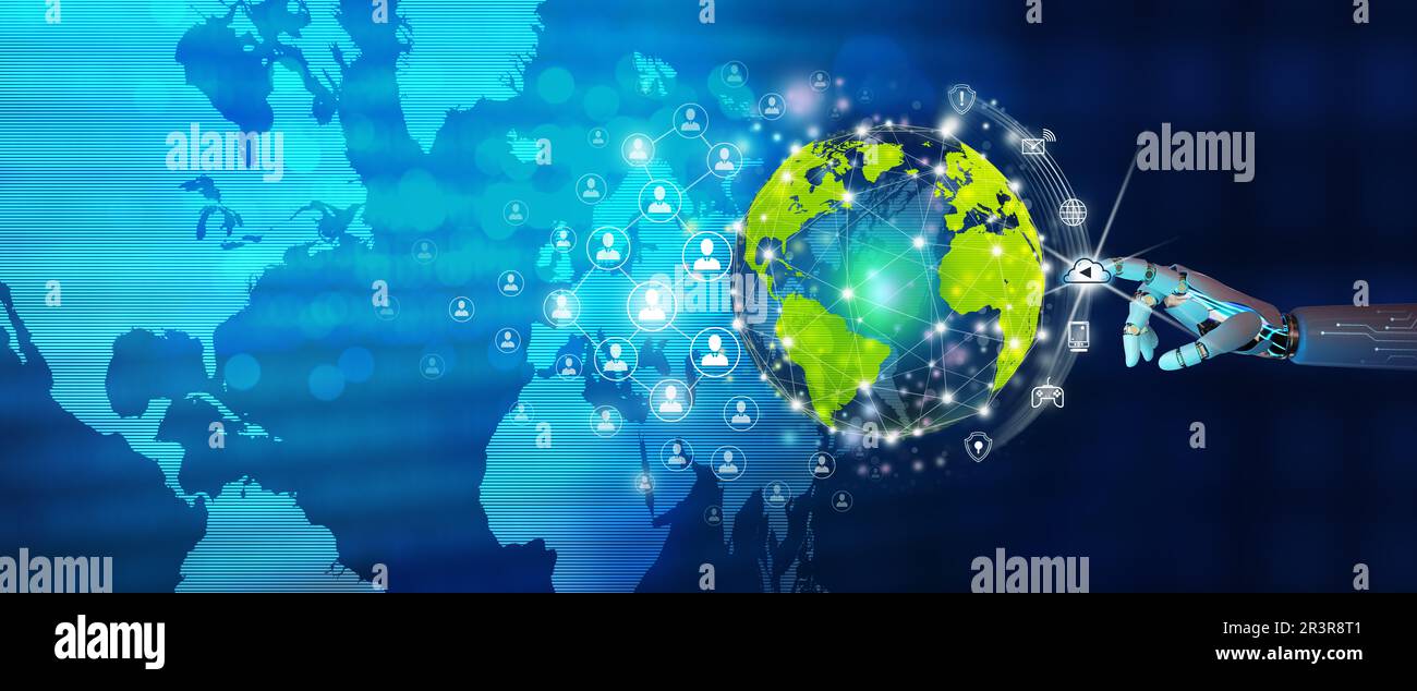 Robot leader nella connessione di rete globale e nello scambio di dati con Abstract background. Tecnologia di comunicazione per Internet business e social network Foto Stock