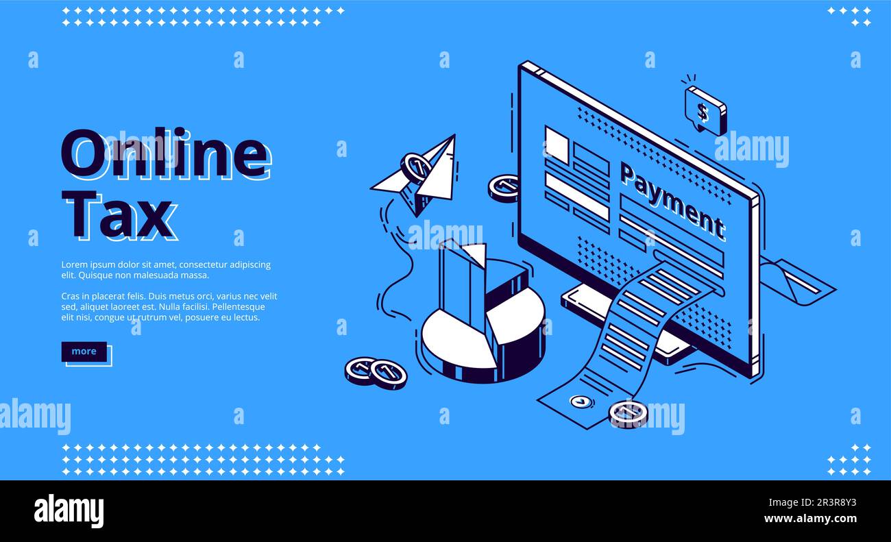 Landing page isometrica fiscale online. Grande fattura di pagamento che esce dallo schermo del computer desktop. Tecnologie intelligenti per la contabilità bancaria, applicazione per la tassazione su internet, banner web 3D Vector line art Illustrazione Vettoriale