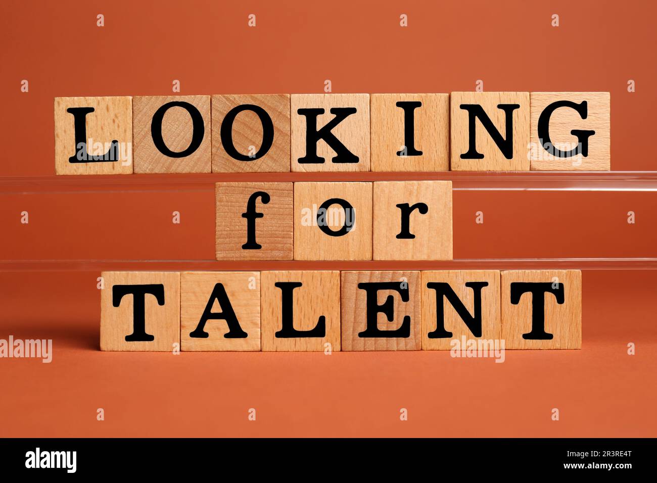 Concetto di reclutamento e assunzione. Frase cercando talento fatto di cubi di legno su sfondo arancione Foto Stock