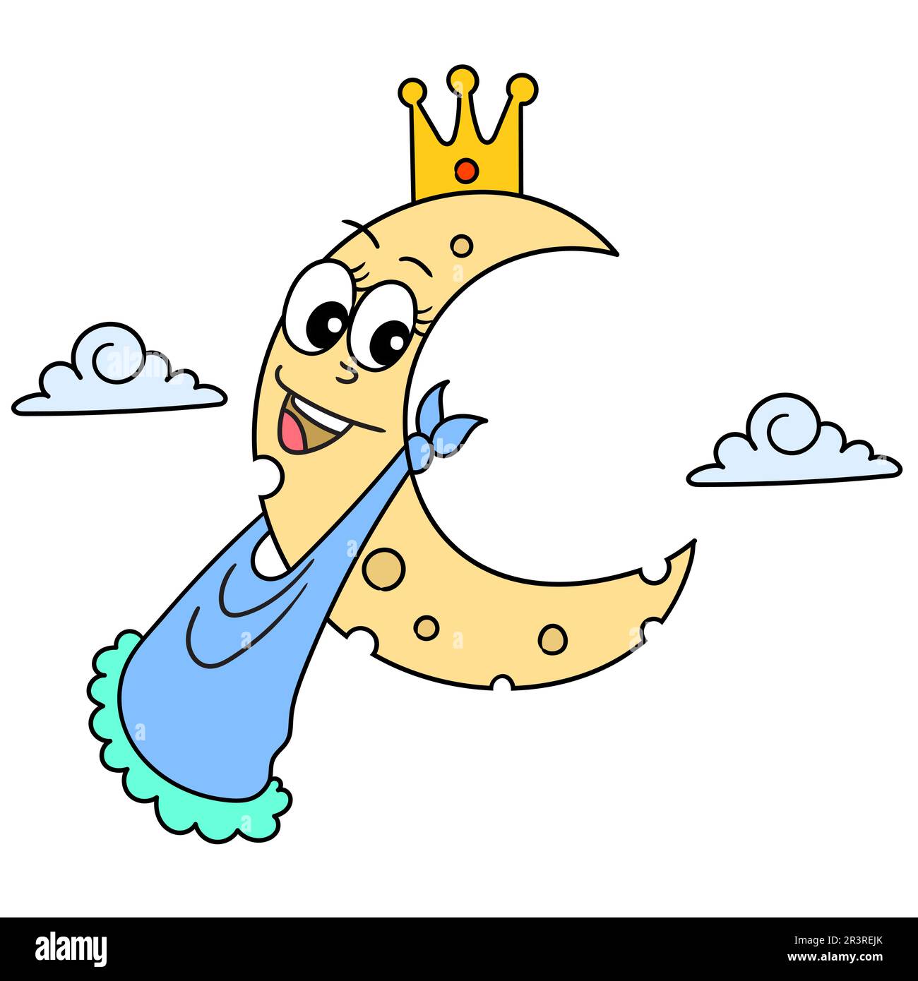 Luna di Crescent con volto sorridente con corona, immagine icona doodle Foto Stock