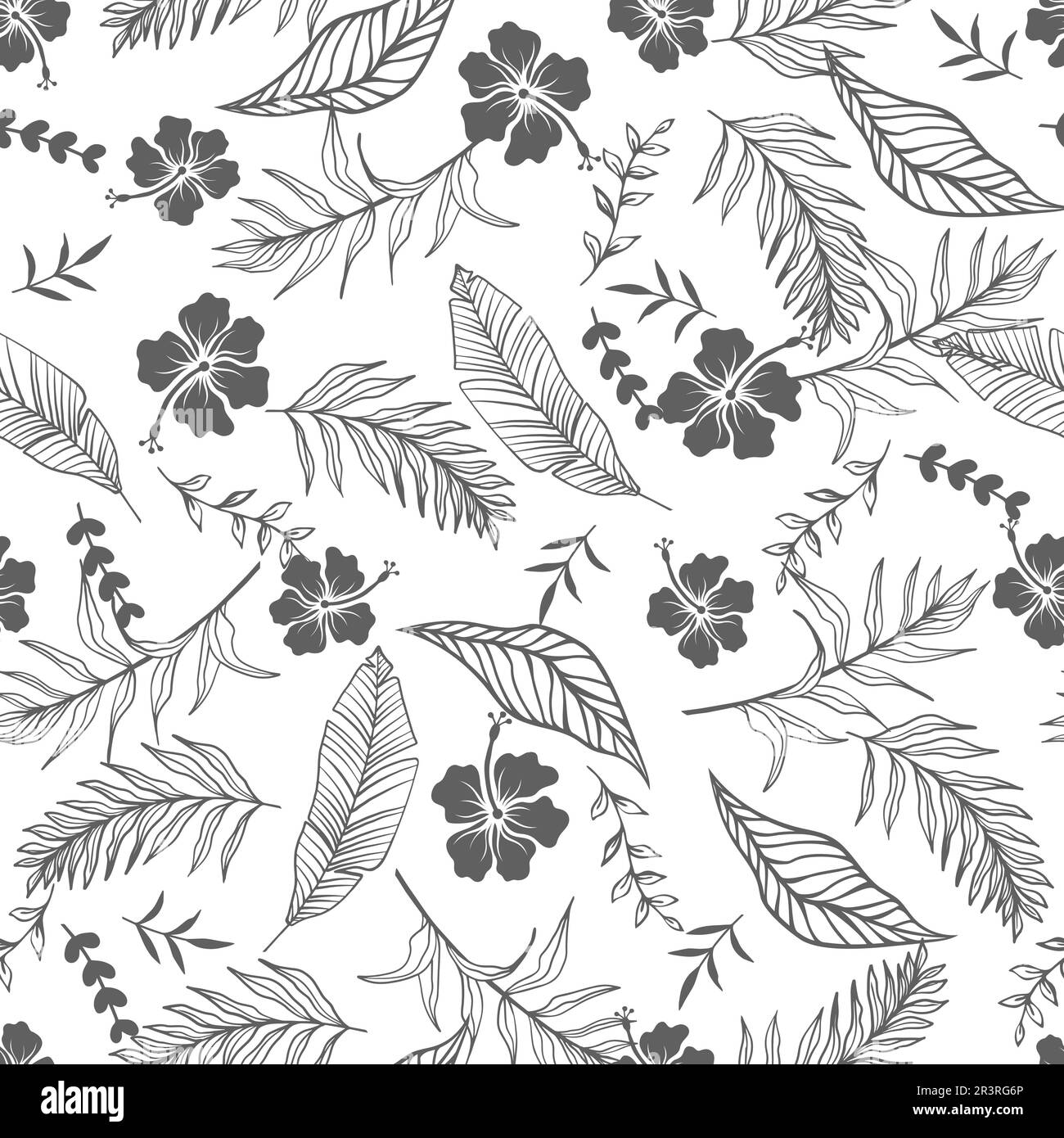 Modello estivo senza cuciture con fiori e foglie. Texture tropicale. Illustrazione Vettoriale