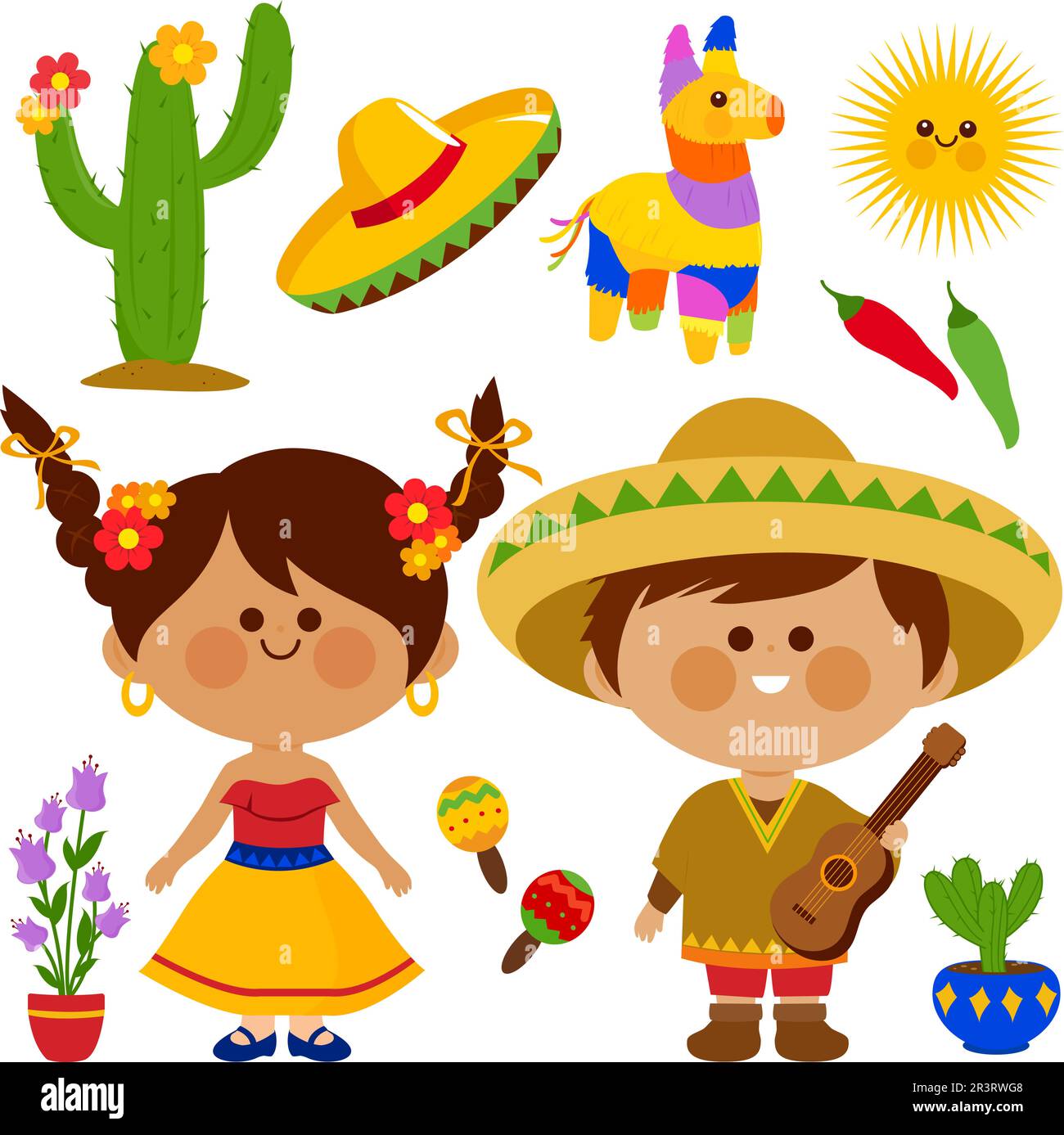 Collezione Mexican Children fiesta. Set di illustrazioni vettoriali Illustrazione Vettoriale