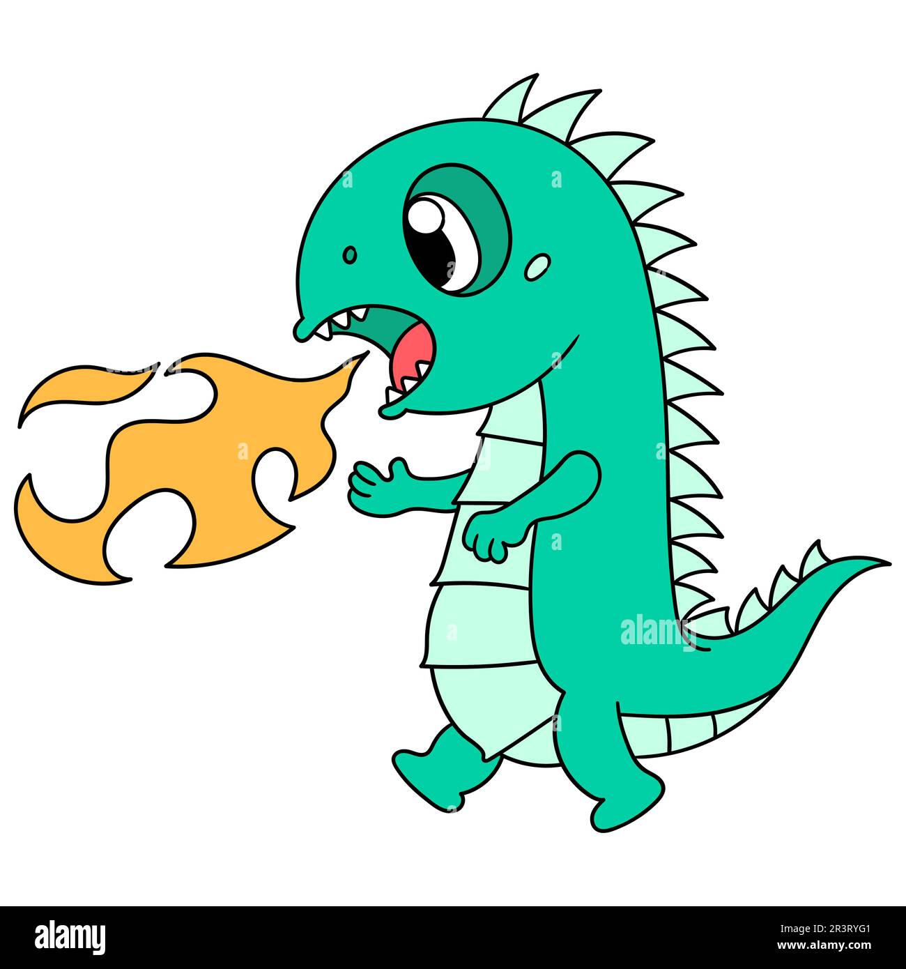 Simpatici dinosauri sono sputare fiamme calde, doodle icona immagine Foto Stock
