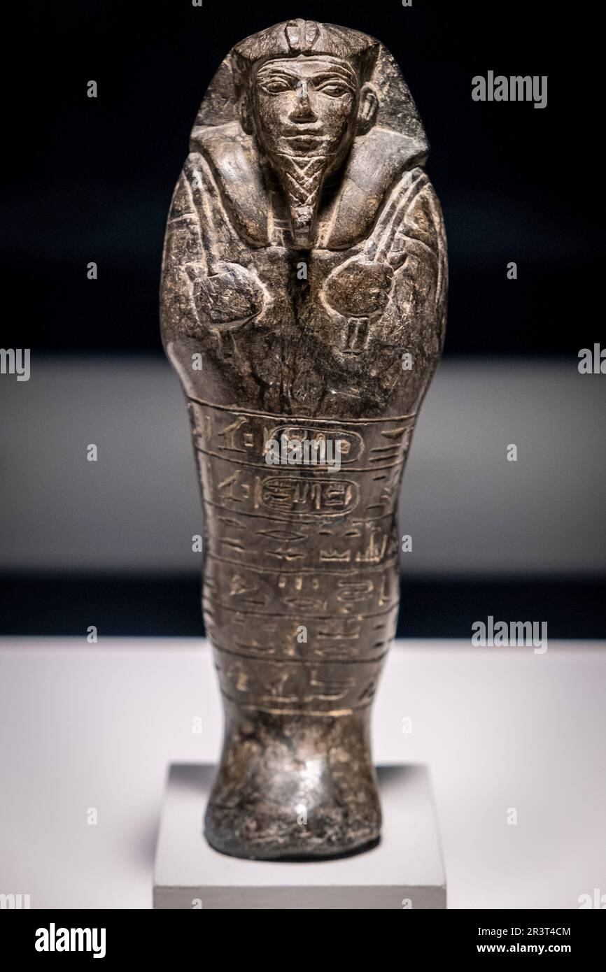 Ushabti del re nubiano Senkamanisken, serpentina, periodo Napata, 643-623 a.C., tomba di Senkamanisken, Nuri, Sudan, collezione del British Museum. Foto Stock