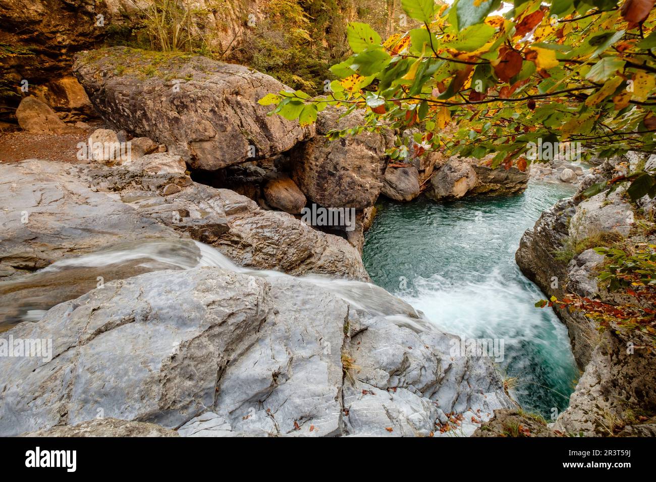 La Ripareta, Cañon de Añisclo, Parque nacional de Ordesa y Monte Perdido, comarca del Sobrarbe, Huesca, Aragón, cordillera de los Pirineos, Spagna. Foto Stock