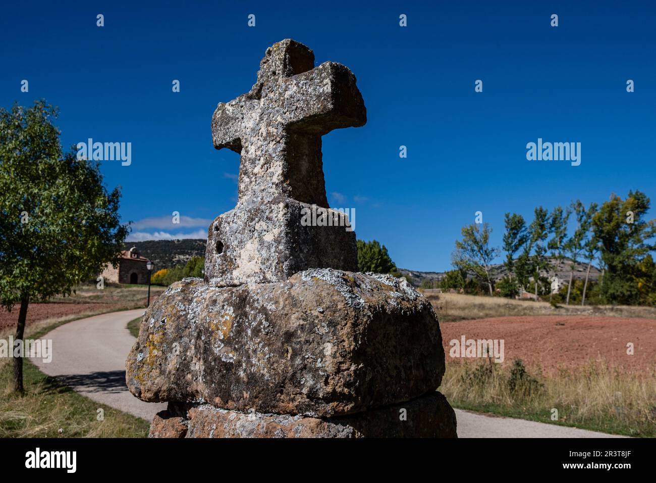 Attraversare sulla strada, Ermita de Santa Coloma, Albendiego, provincia di Guadalajara, Spagna. Foto Stock
