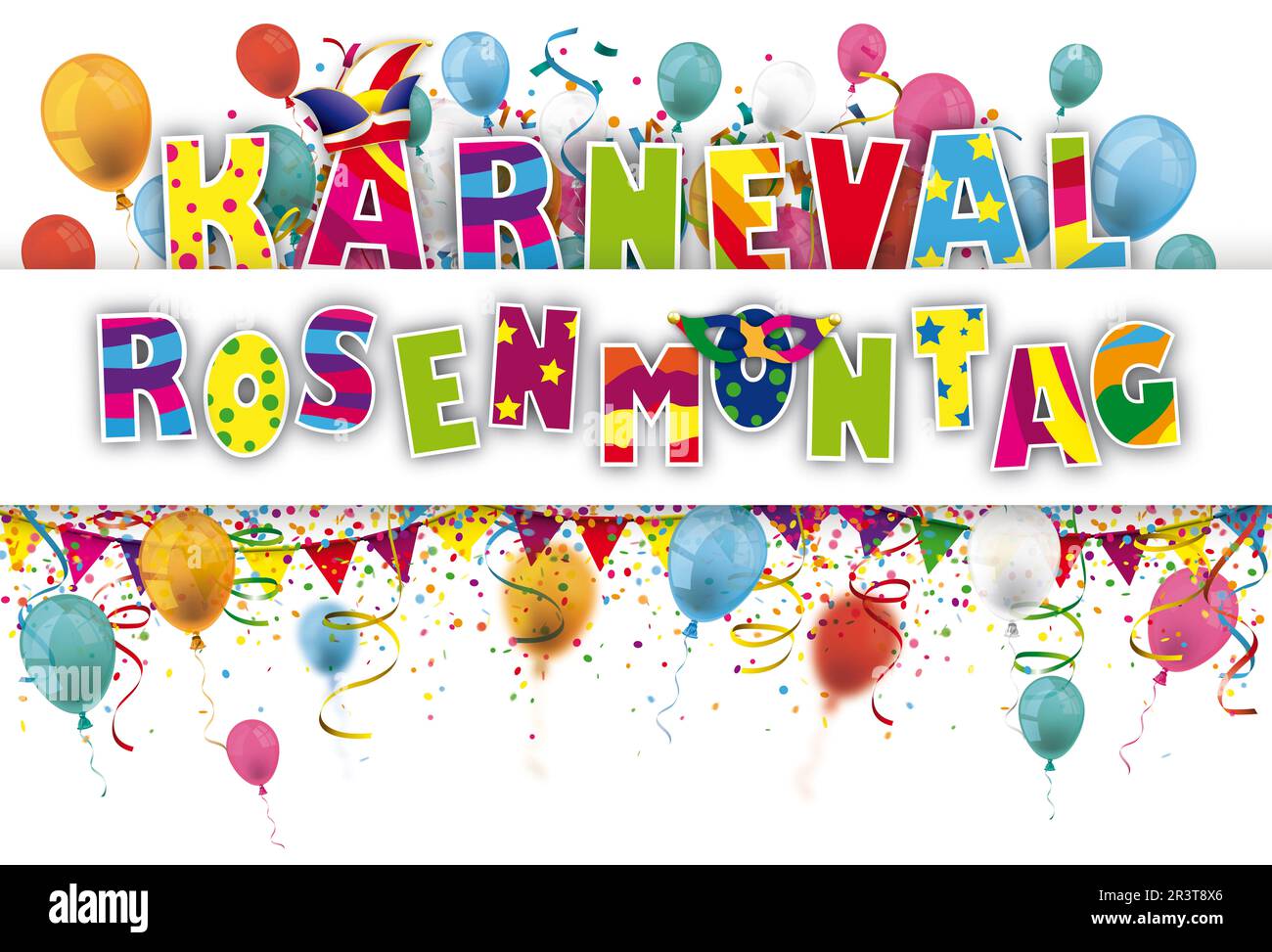 Karneval Rosenmontag Confogli Balloons nastro a strisce bianche testata Foto Stock