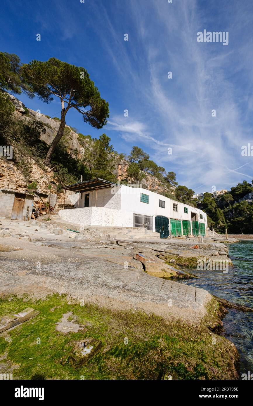 Molo tipico di Mallorcan, Cala pi, Llucmajor, Mallorca, Isole Baleari, Spagna. Foto Stock