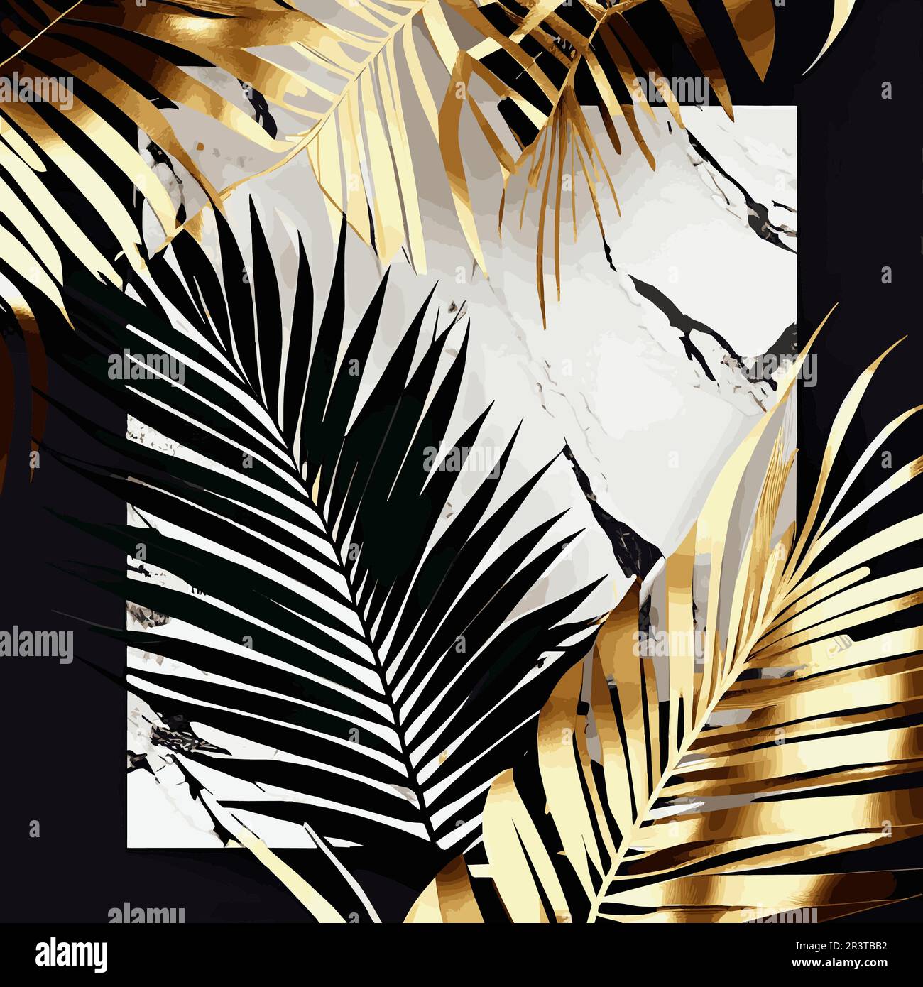 Foglie di palma dorate su sfondo di marmo bianco e nero, modello, cartolina - vettore Foto Stock