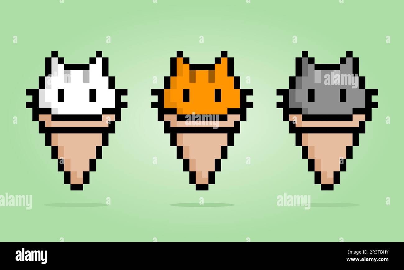 8 bit pixel di gatto su gelato cono. Animale per le risorse di gioco e i modelli a punti incrociati in illustrazioni vettoriali. Illustrazione Vettoriale