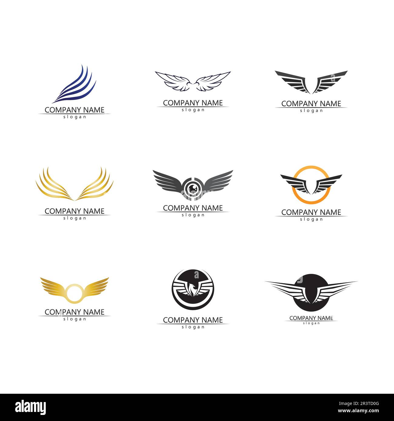 Wings nero icone vettore set. Design moderno e minimalista. Illustrazione Vettoriale