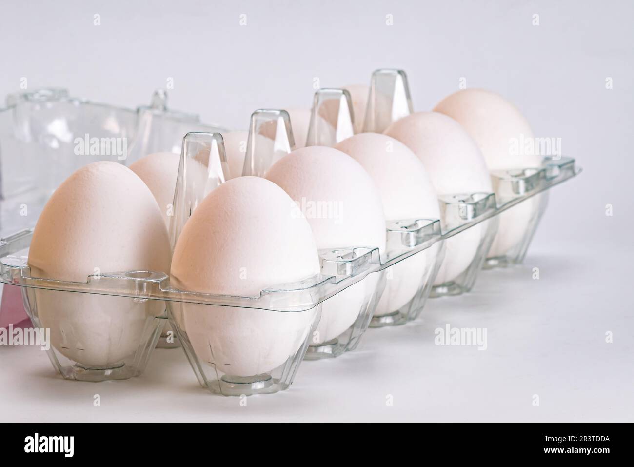 Gruppo di uova bianche organiche in cartone di plastica trasparente su sfondo bianco, vista primo piano, formato orizzontale. Foto Stock