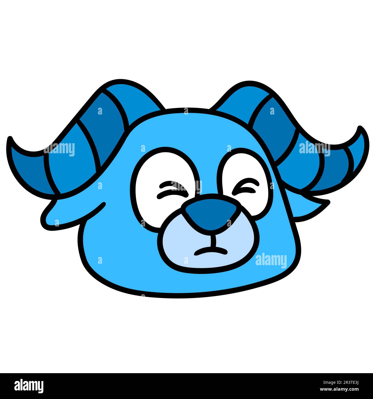 Emoticon testa di pecora con corna blu con gli occhi chiusi nella paura, doodle icona immagine kawaii Foto Stock