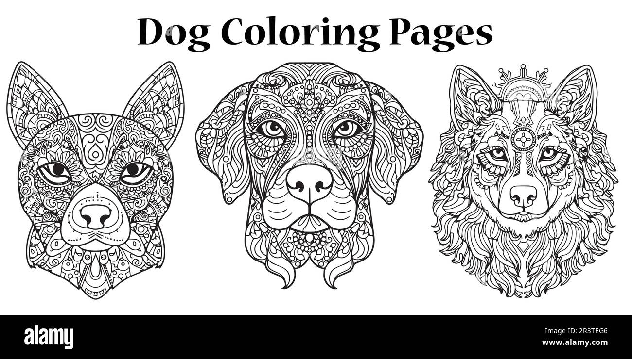 Un disegno in bianco e nero di cani libro da colorare set di pagine. Illustrazione Vettoriale
