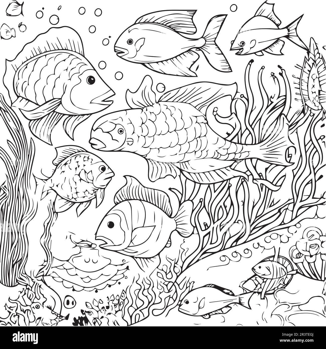 Una serie di pagine da colorare di pesce. Illustrazione Vettoriale