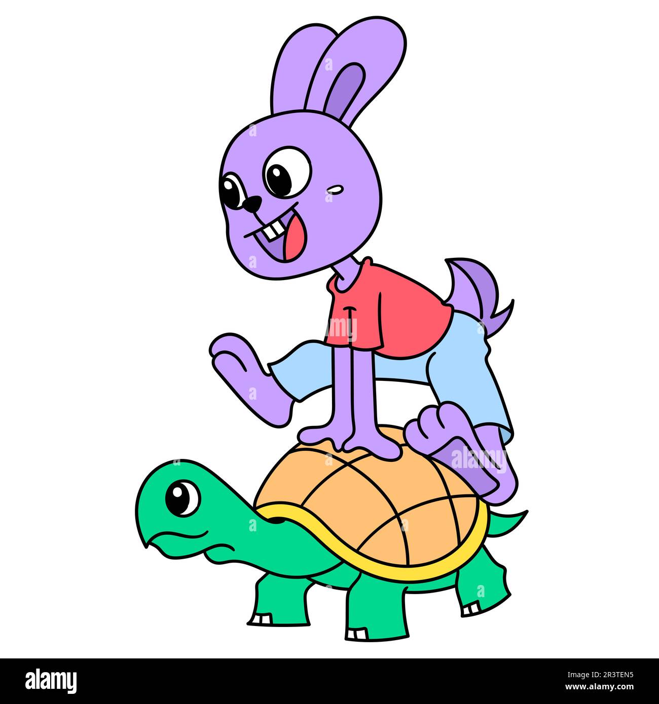 Coniglio racing tra amici e tartarughe, doodle icona immagine kawaii Foto Stock