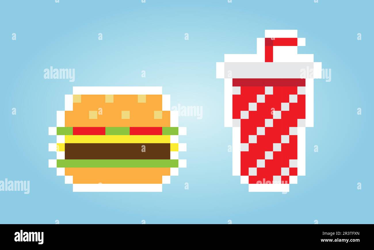 Hamburger e bevande pixel a 8 bit per le risorse di gioco. vettore fast food Illustrazione Vettoriale