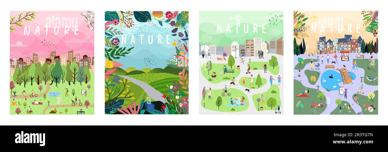 Natura e paesaggio, poster artistico contemporaneo. Villaggio, persone in vacanza a picnic, parco, foresta e alberi. Per stampe, copertine o schede, Illustrazione Vettoriale