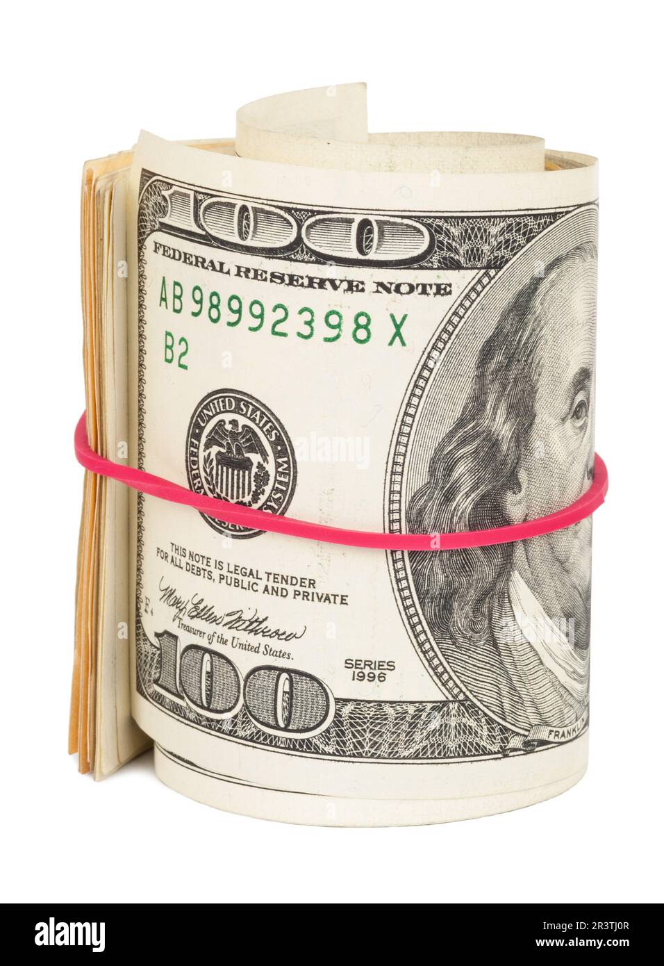 Centinaia di dollari di bollette arrotolate con rubberband Foto Stock