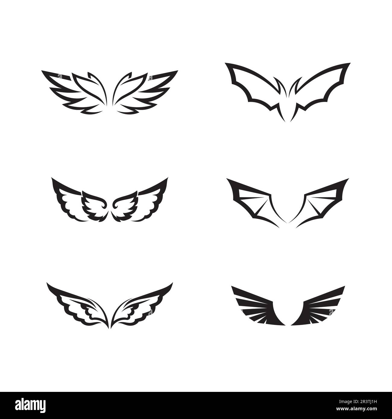 Wings nero icone vettore set. Design moderno e minimalista. Illustrazione Vettoriale