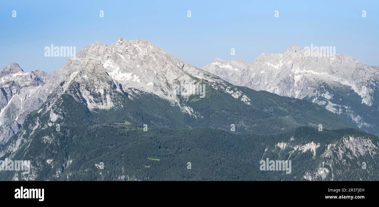 Vista di Watchmann e Hochkalter, Mannlsteig, via ferrata su Hohe Goell, paesaggio montano, Alpi Berchtesgaden, Terra Berchtesgadener, Baviera, Germania Foto Stock
