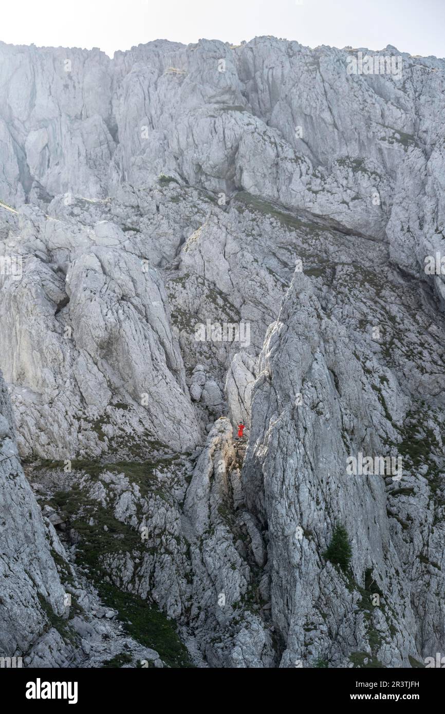 Alpinista sul Mannlsteig, via ferrata sull'Hohe Goell, paesaggio montano, Alpi Berchtesgaden, Terra Berchtesgadener, Baviera, Germania Foto Stock