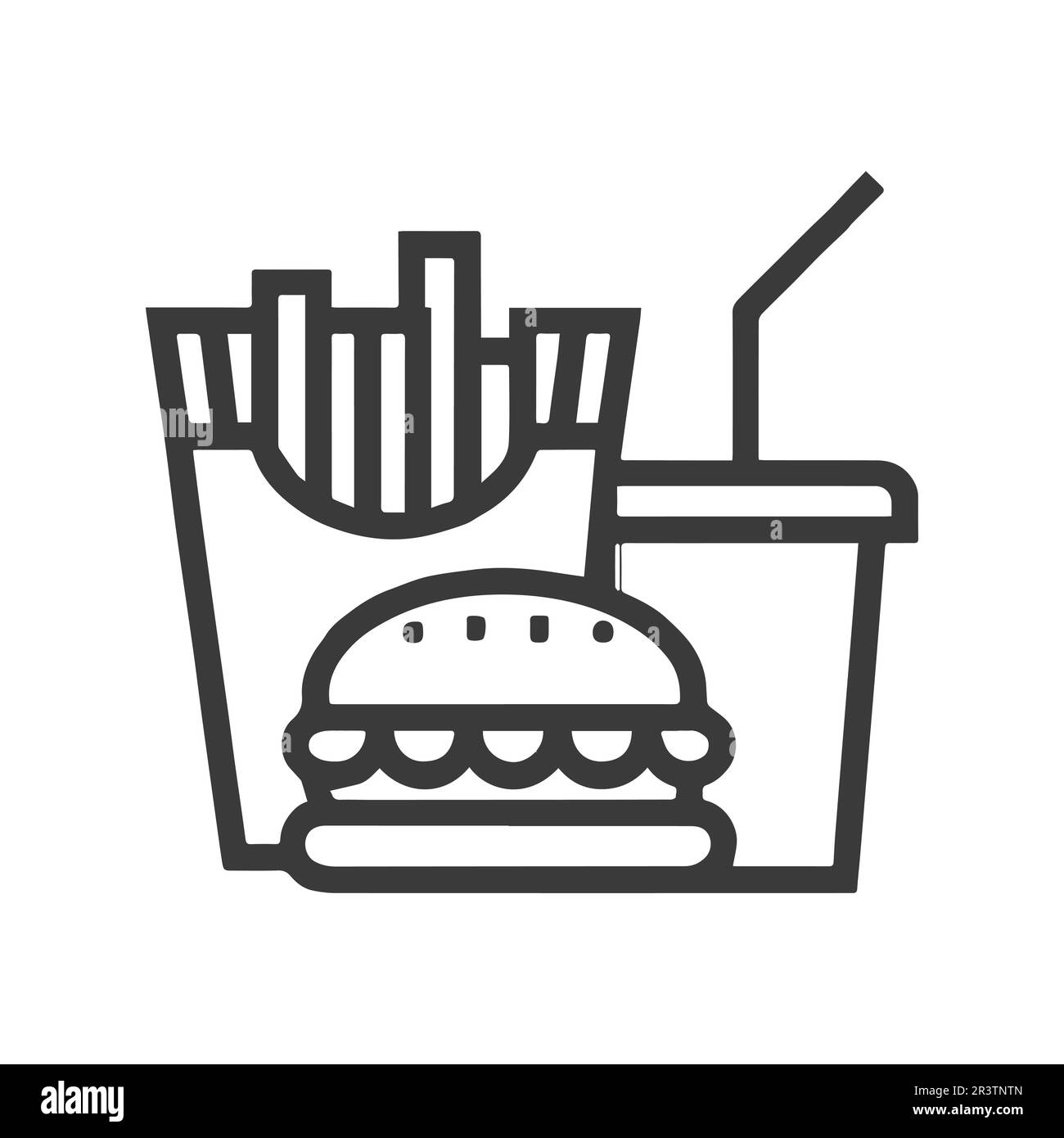 Fast food icona. Hamburger, patatine fritte e bicchiere da bibita analcolica, simboli del cibo di strada. Concetto di ristorante. Design piatto su sfondo bianco. Illustrazione Vettoriale