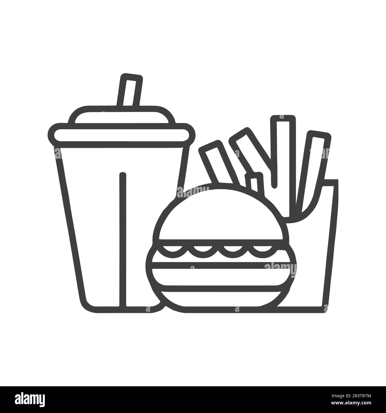 Fast food icona. Hamburger, patatine fritte e bicchiere da bibita analcolica, simboli del cibo di strada. Concetto di ristorante. Design piatto su sfondo bianco. Illustrazione Vettoriale