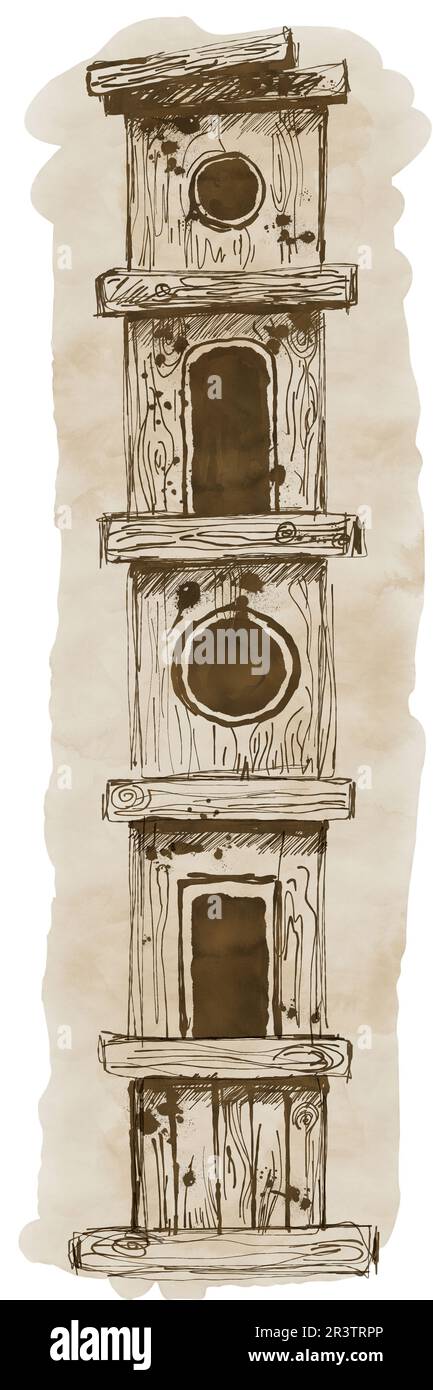 Bird house, realizzata in tecnica grafica. Sfondo acquerello, disegno a linee. Stile vintage. Foto Stock